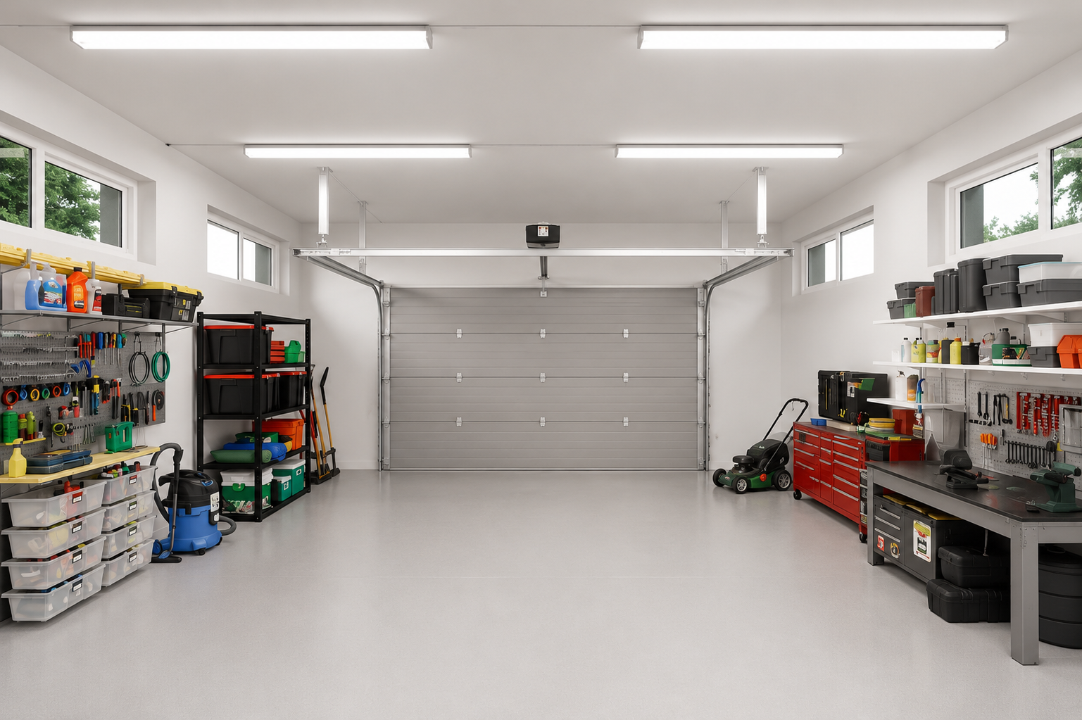 Clean garage with tools, storage shelves, and a lawn mower.