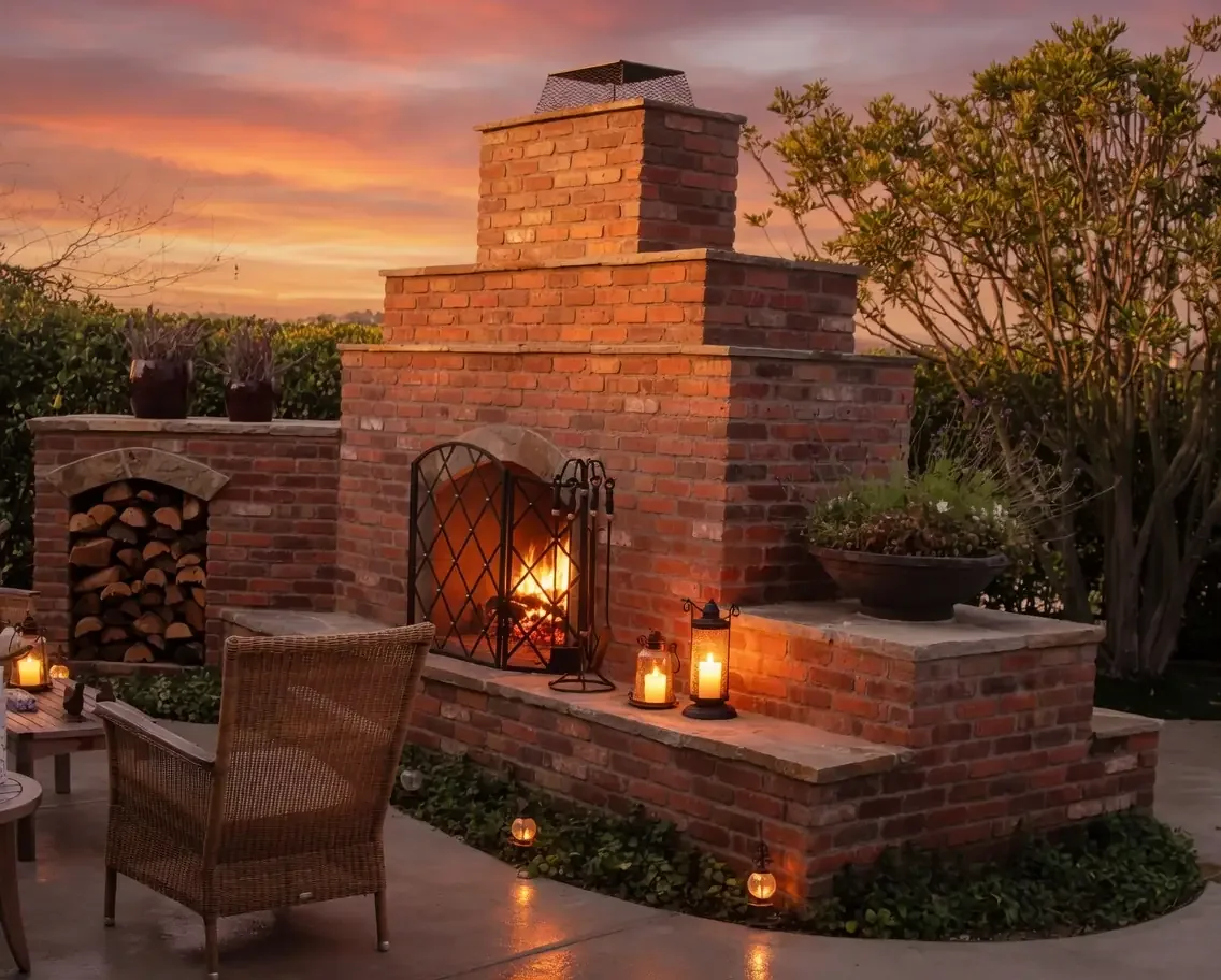Outdoor brick fireplace with a fire burning inside at sunset, surrounded by lanterns and outdoor furniture.