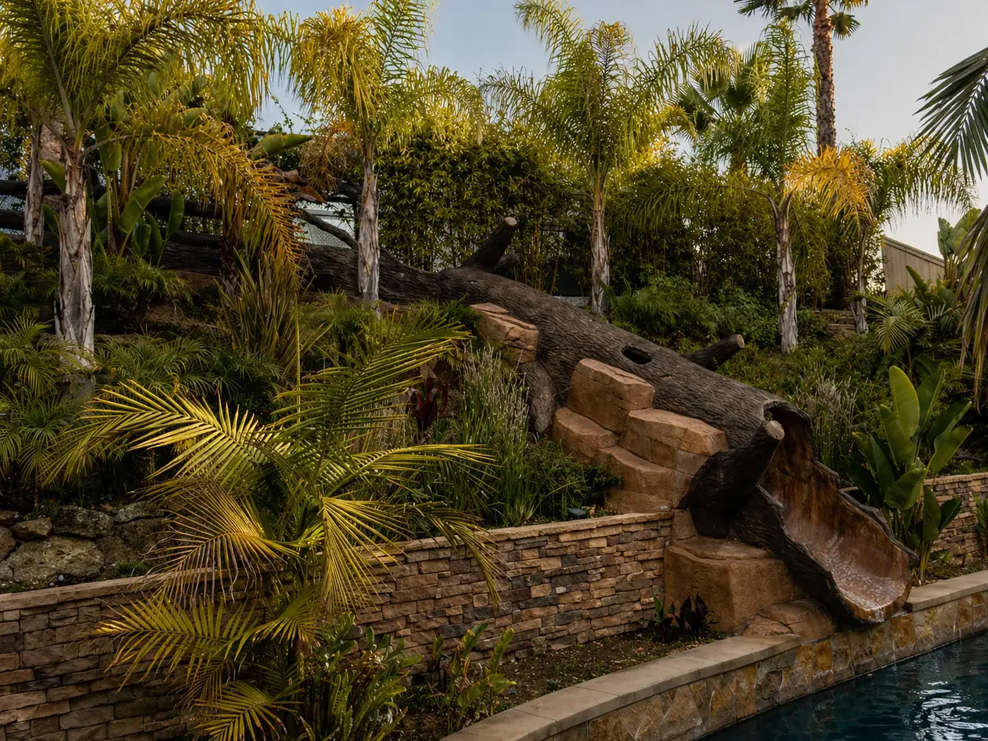 A backyard with a stone wall and a pool, featuring a wooden slide made from a fallen tree, surrounded by lush tropical plants and palm trees.