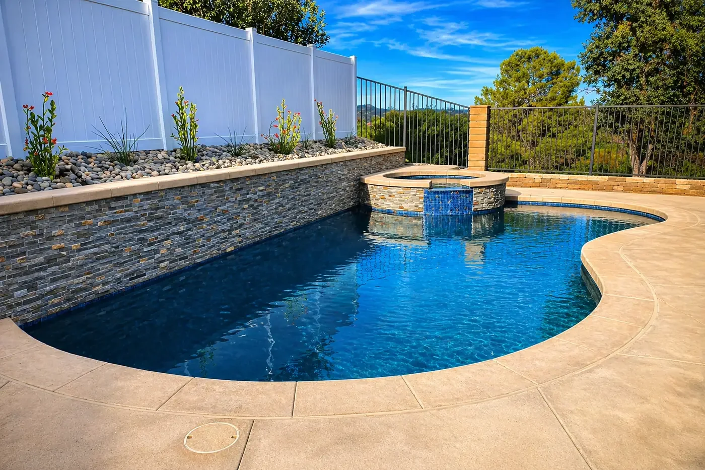 A backyard swimming pool with a built-in hot tub, surrounded by stone and concrete decking, with a landscaped garden and a white privacy fence and black metal railing, under a blue sky.