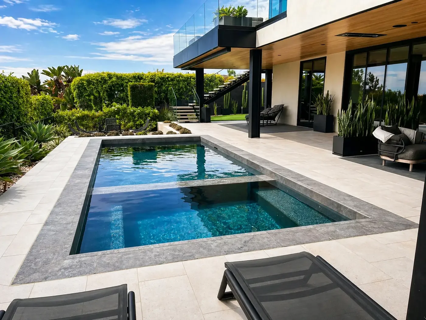 Modern backyard with small rectangular pool, patio, outdoor seating, lush greenery, and a house with a balcony.