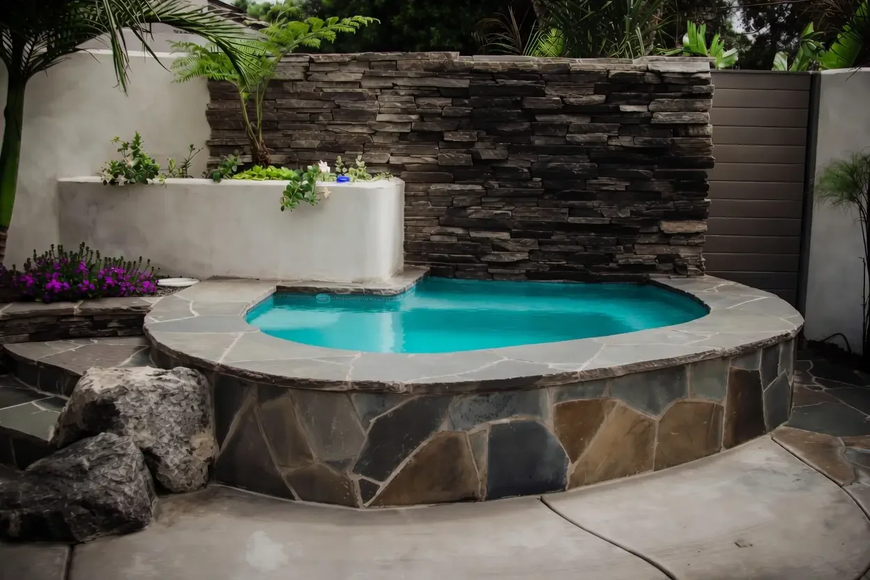 Small backyard hot tub with natural stone border and a waterfall feature made of stacked dark stone. Surrounding plants and a privacy fence.