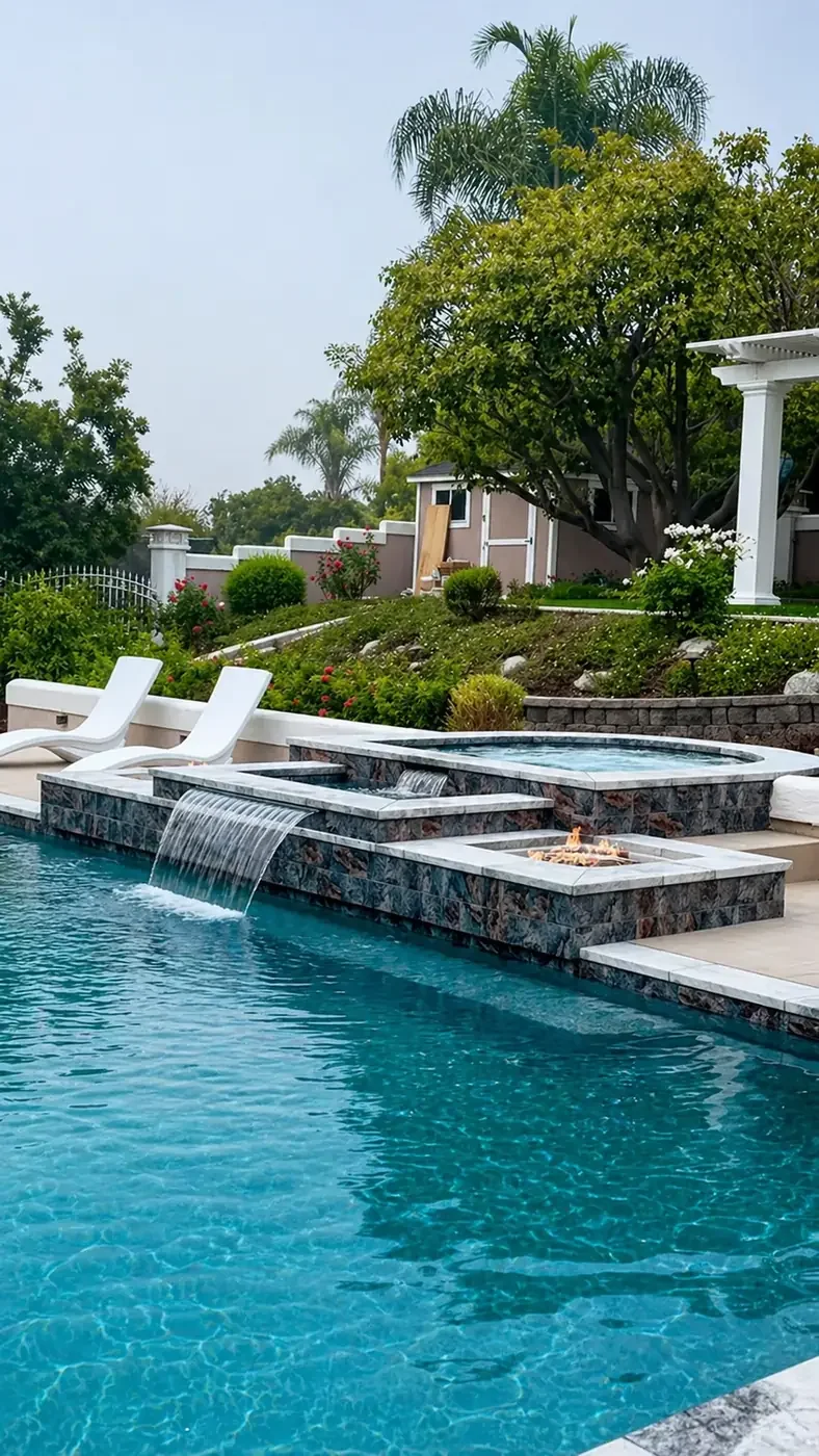 A backyard swimming pool with a waterfall feature, surrounded by lounge chairs, greenery, and a fire pit on a stone platform. There are trees and a shed in the background.