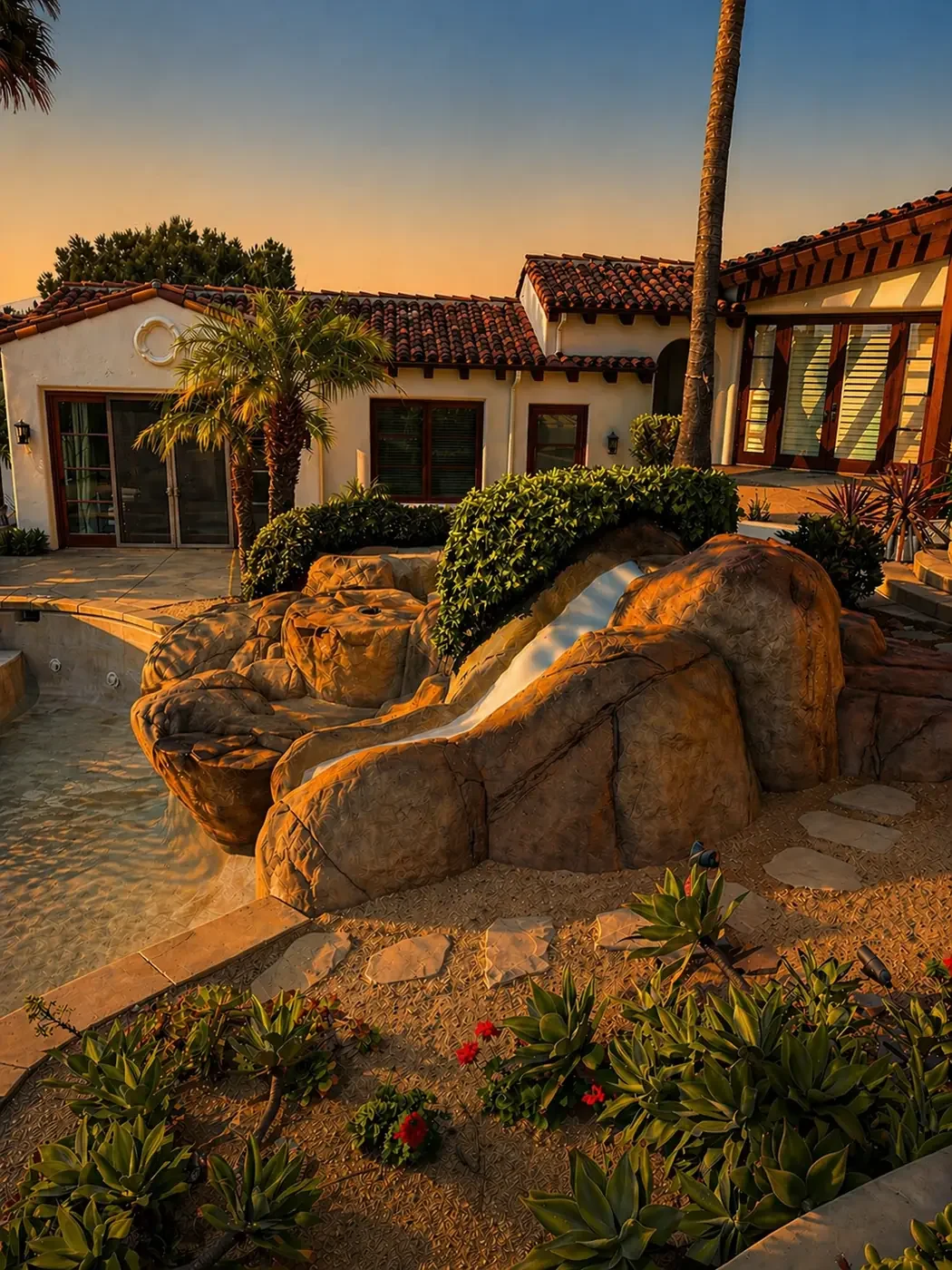 A house with a pool designed to look like a waterfall, surrounded by desert plants and trees during sunset.