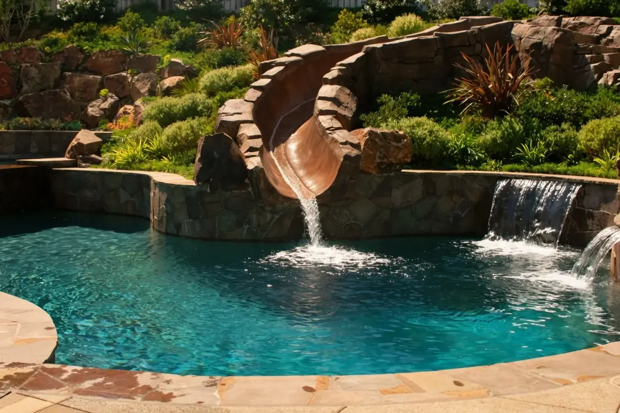 A backyard with a swimming pool featuring a waterfall, a slide, and lush green landscaping.