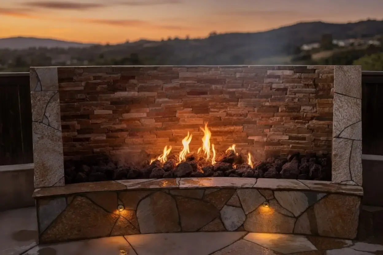 Outdoor fireplace with a stone facade and visible flames, set against a sunset sky overlooking hills.