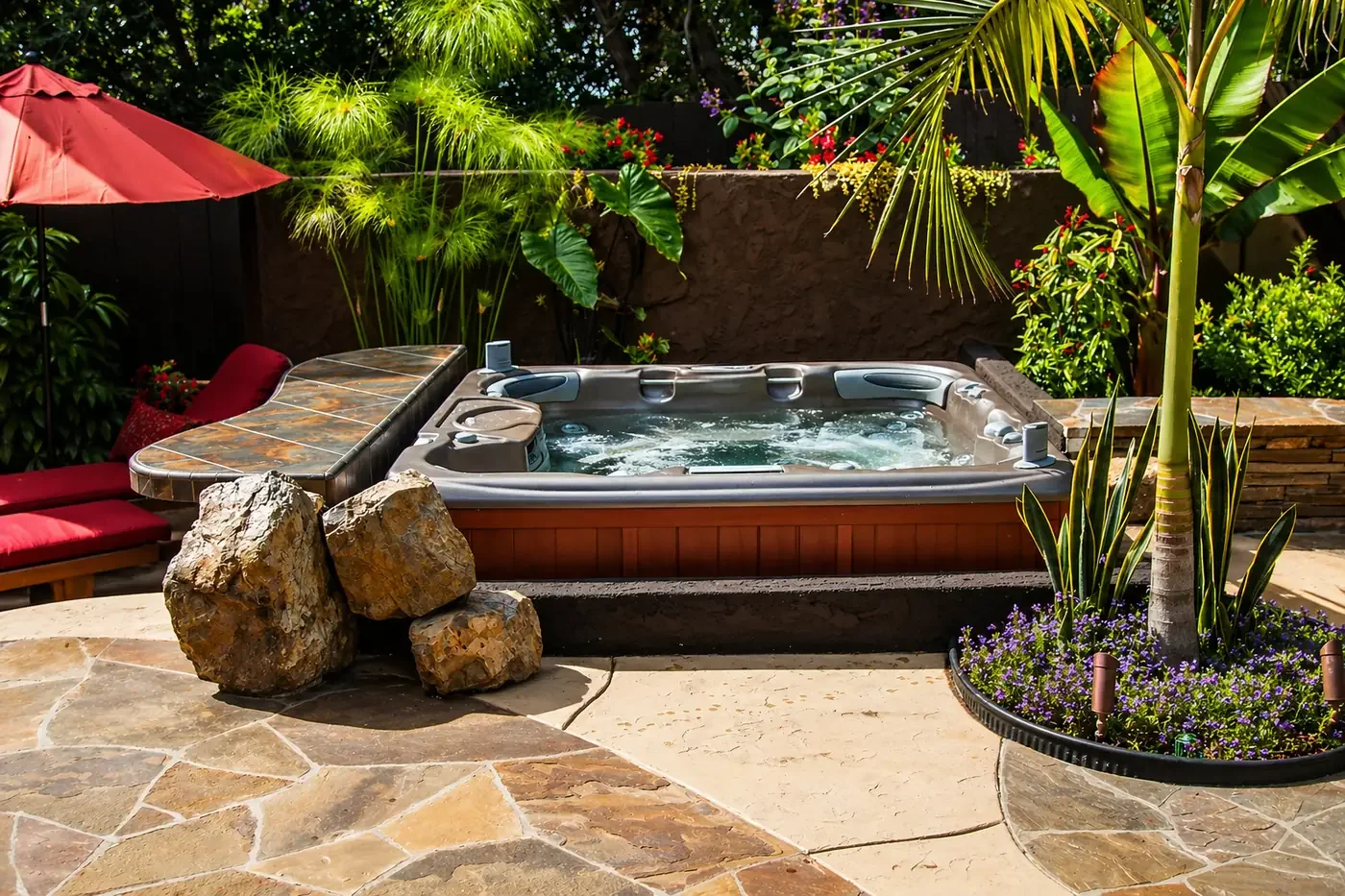 A backyard patio featuring a hot tub, surrounded by tropical plants, large rocks, a stone table with red cushioned chairs, and an umbrella on a sunny day.
