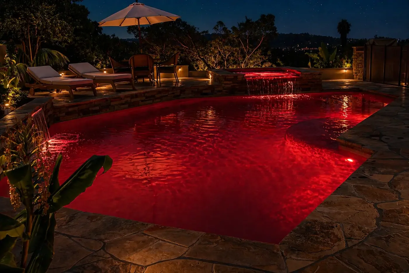 Nighttime view of a jacuzzi with red lights, surrounded by stone tiles, with outdoor lounge chairs, a table, and an umbrella on a patio, overlooking trees and a city skyline in the distance.