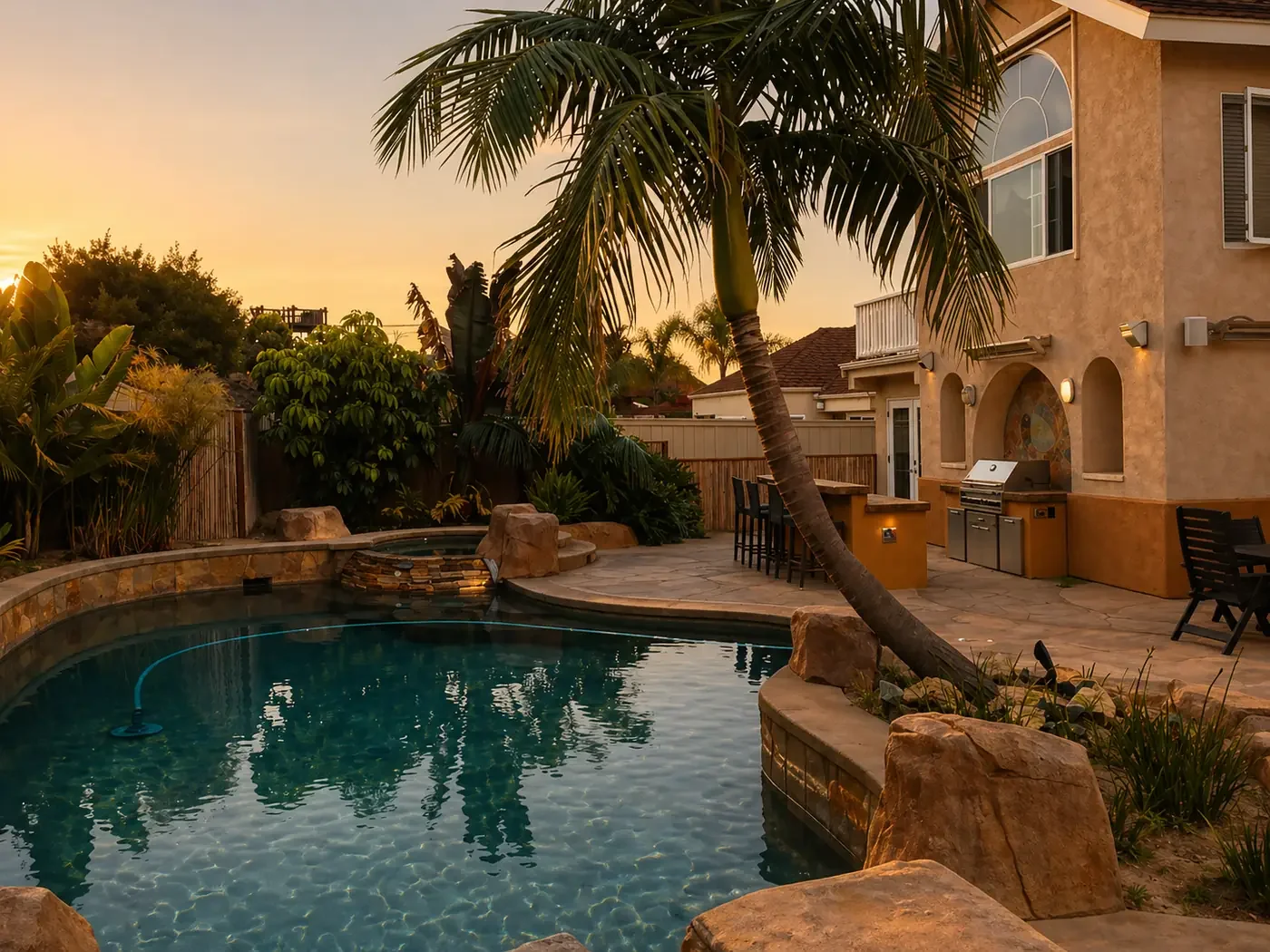 A backyard with a swimming pool, palm trees, and outdoor kitchen at sunset.