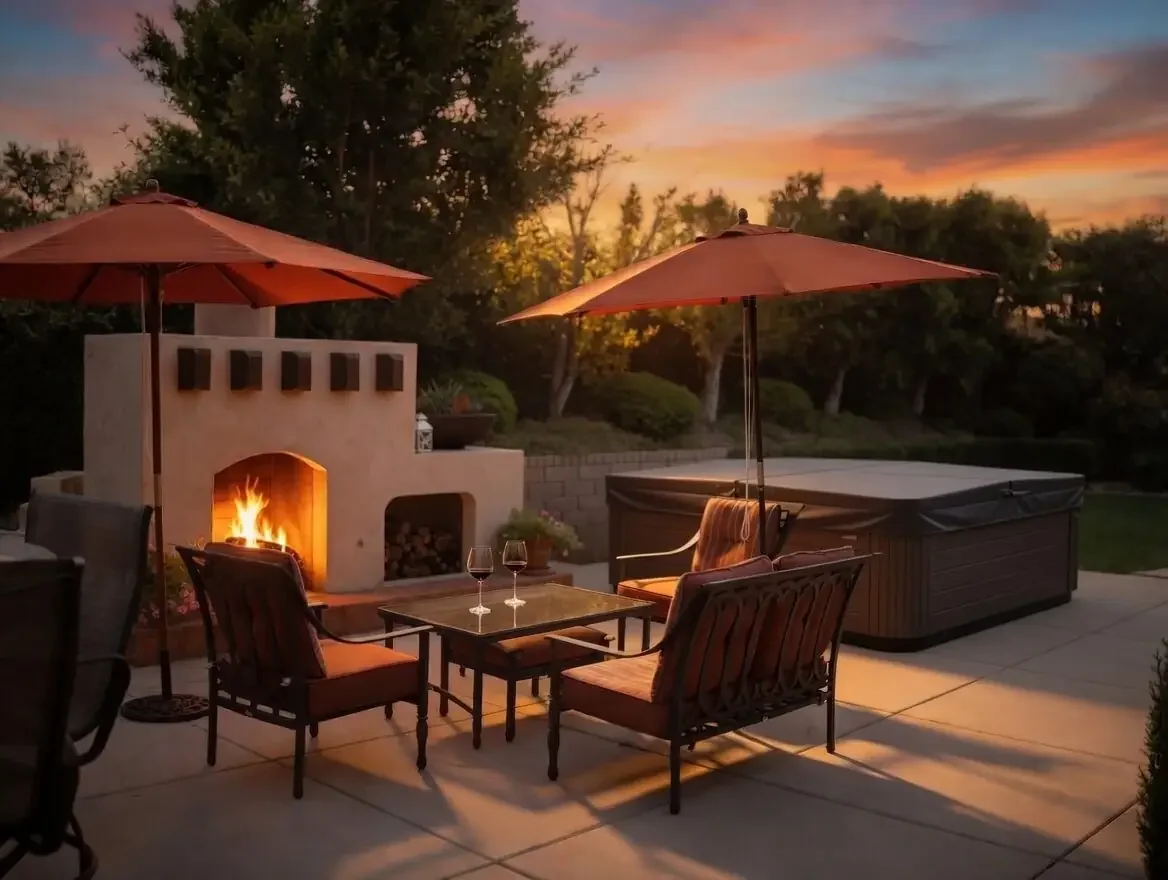 An outdoor patio at sunset with a fire pit, two umbrellas, a hot tub, and chairs with drinks, surrounded by trees and bushes.
