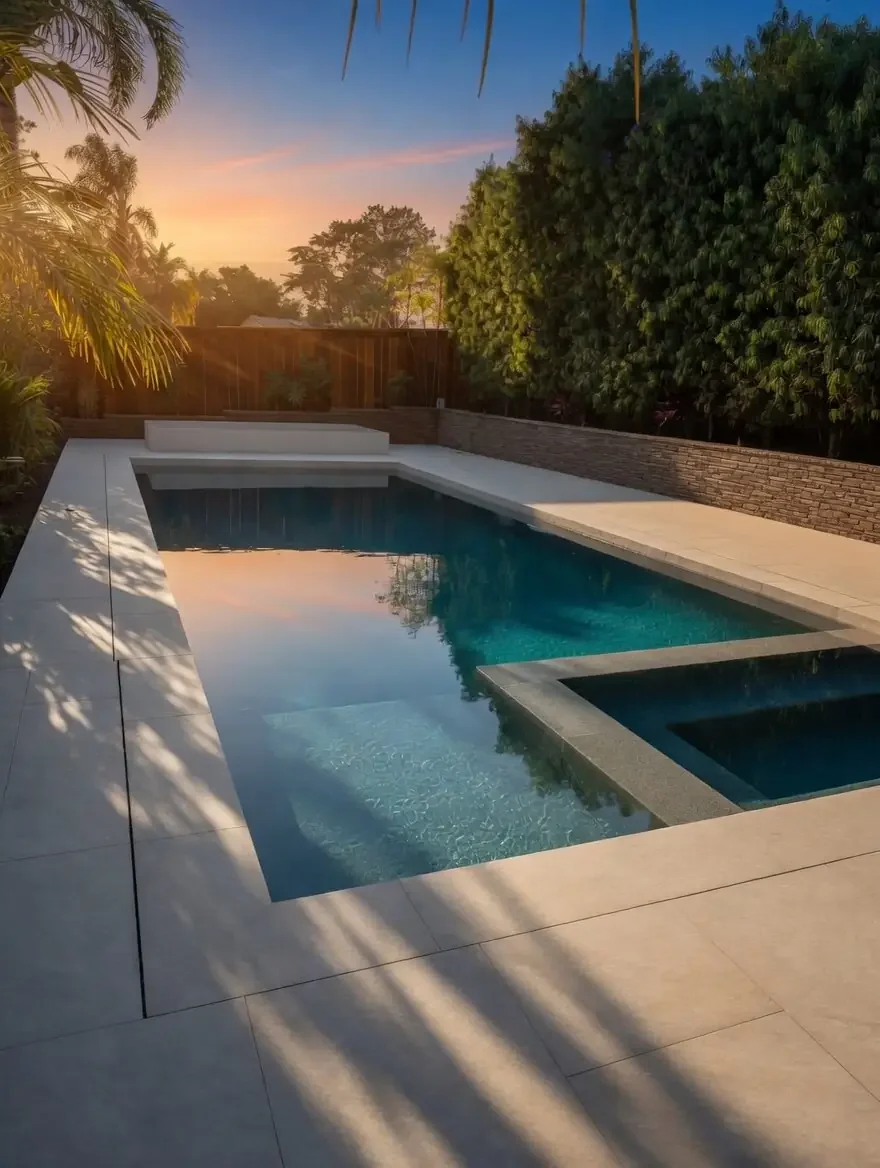 A backyard swimming pool area at sunset with tropical trees and a wooden fence in the background. Shadows of palm leaves are cast on the pool deck.