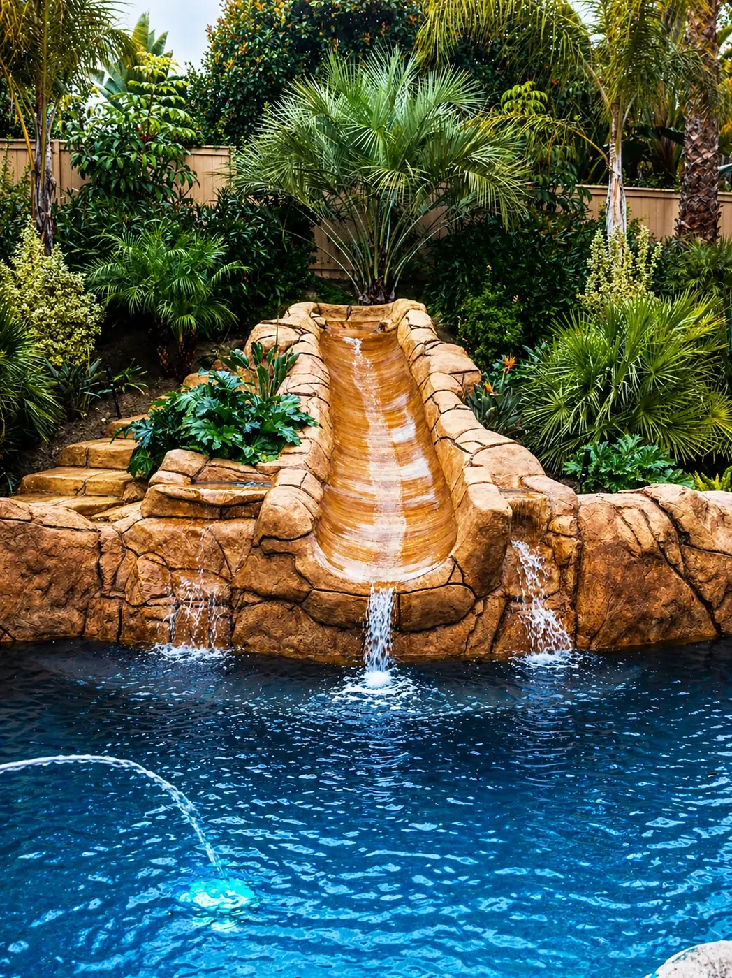 A backyard with a rocky waterfall feature flowing into a blue pool surrounded by lush tropical plants and trees.