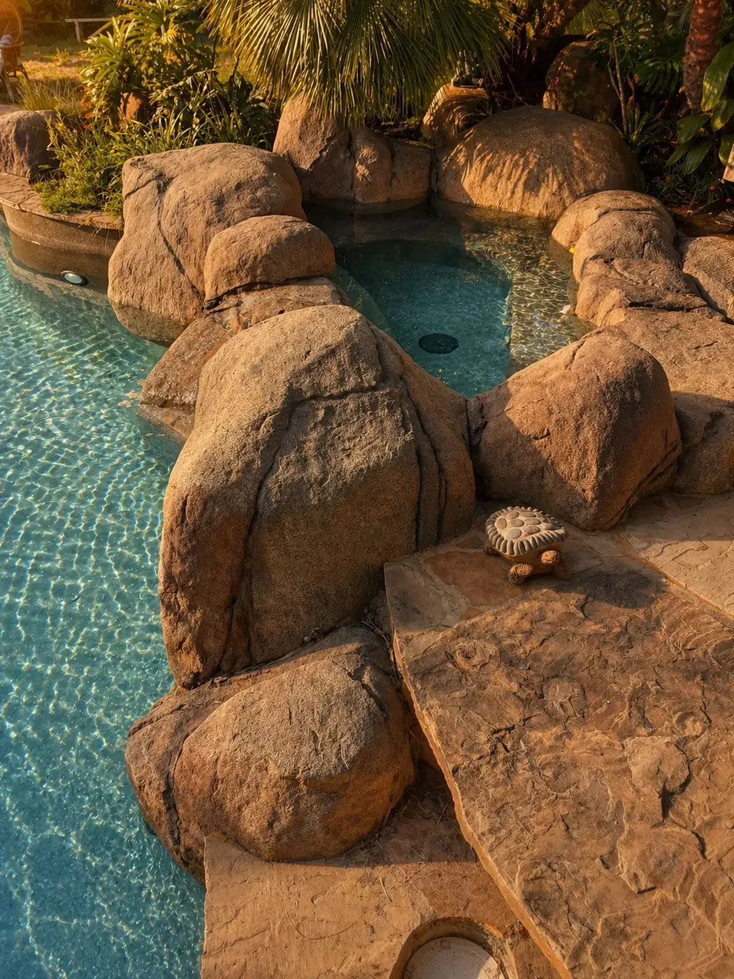A small man-made waterfall flowing into a swimming pool surrounded by large rocks and lush tropical plants.