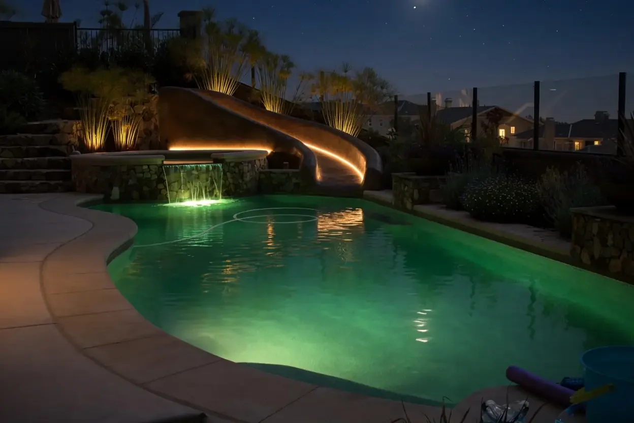 A backyard swimming pool illuminated at night, with a waterfall feature, a slide, and landscaped surroundings with plants and outdoor lighting.