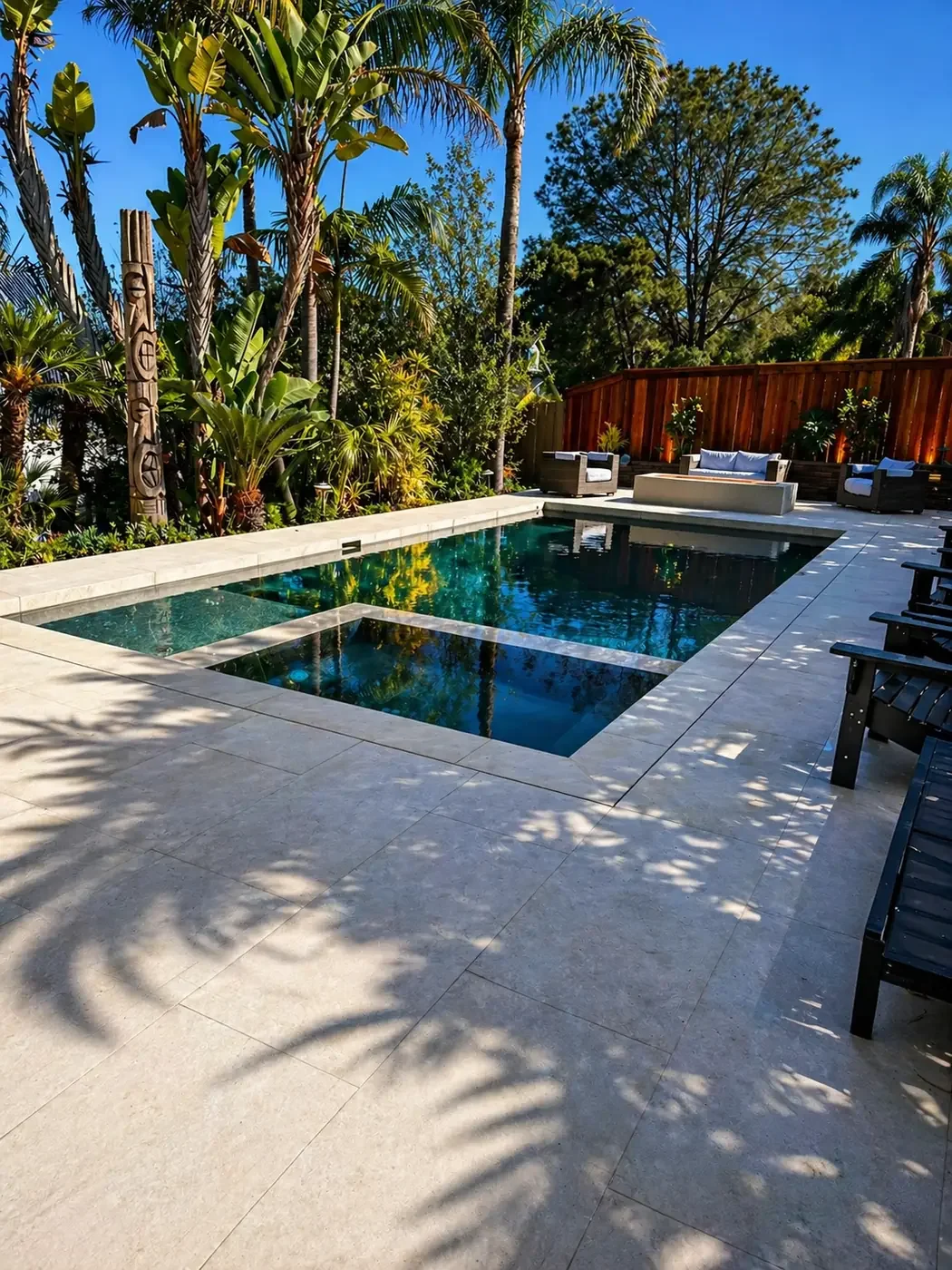 A backyard pool surrounded by lush greenery, with trees and plants, a wooden fence on one side, and outdoor seating with cushions in the background. Shadows cast by the trees are visible on the light-colored patio tiles.