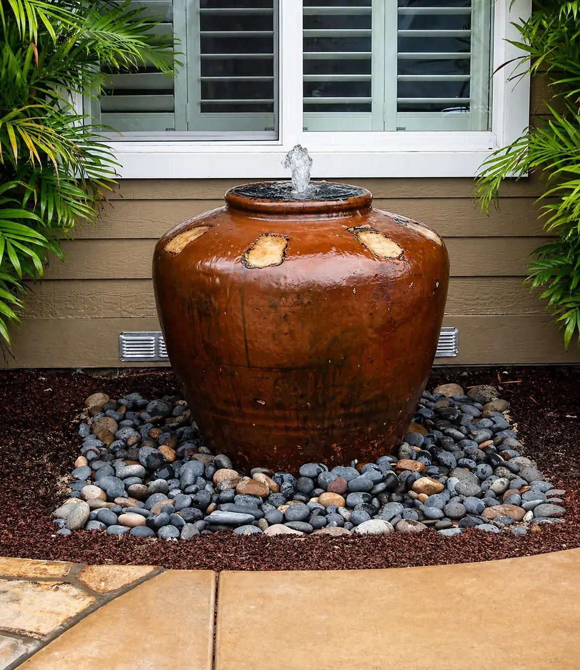 A large, brown ceramic outdoor water fountain with water bubbling from the top, surrounded by small multicolored stones and green bushes with a window in the background.