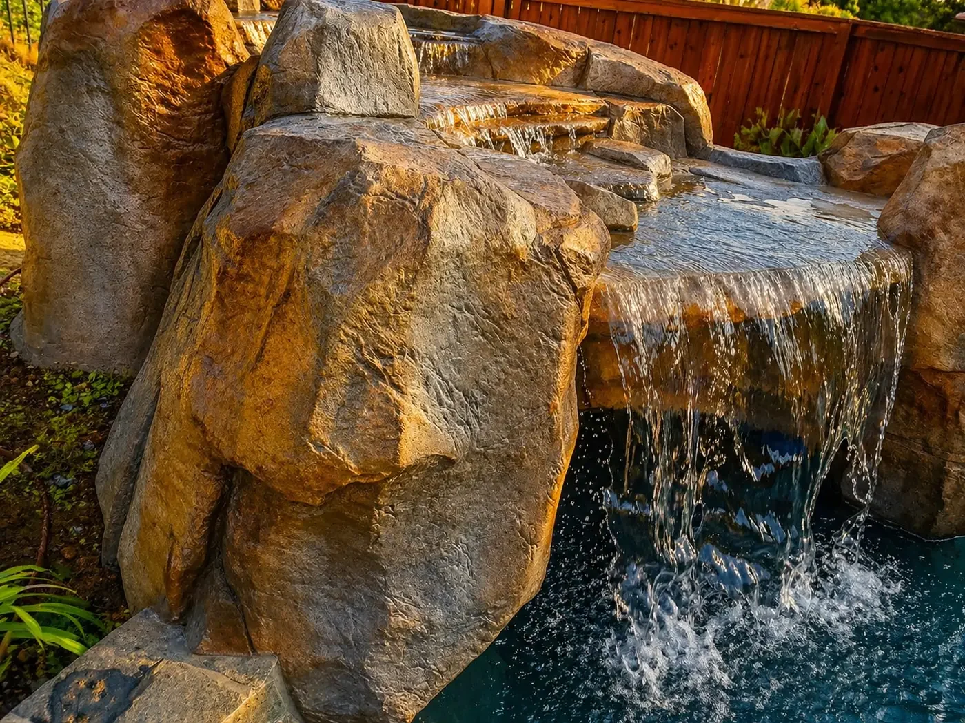 A waterfall feature built with large rocks with water cascading over it into a pool below, surrounded by a wooden fence and some greenery.