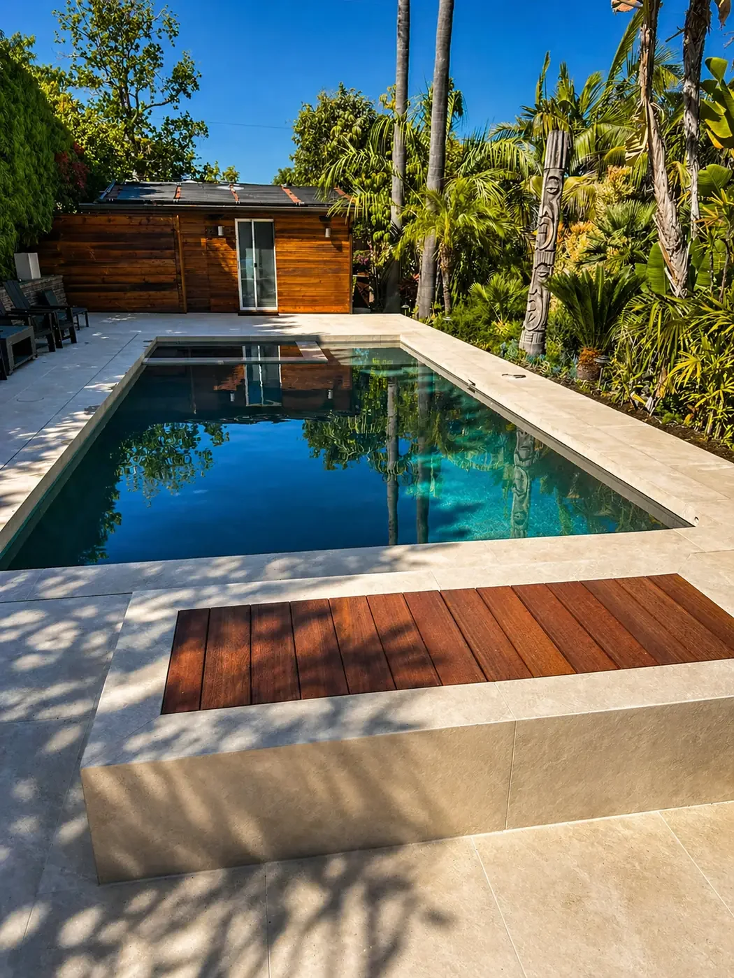 A backyard swimming pool surrounded by tile and wooden decking, with lush tropical plants and trees, and a small wooden shed in the background under a clear blue sky.