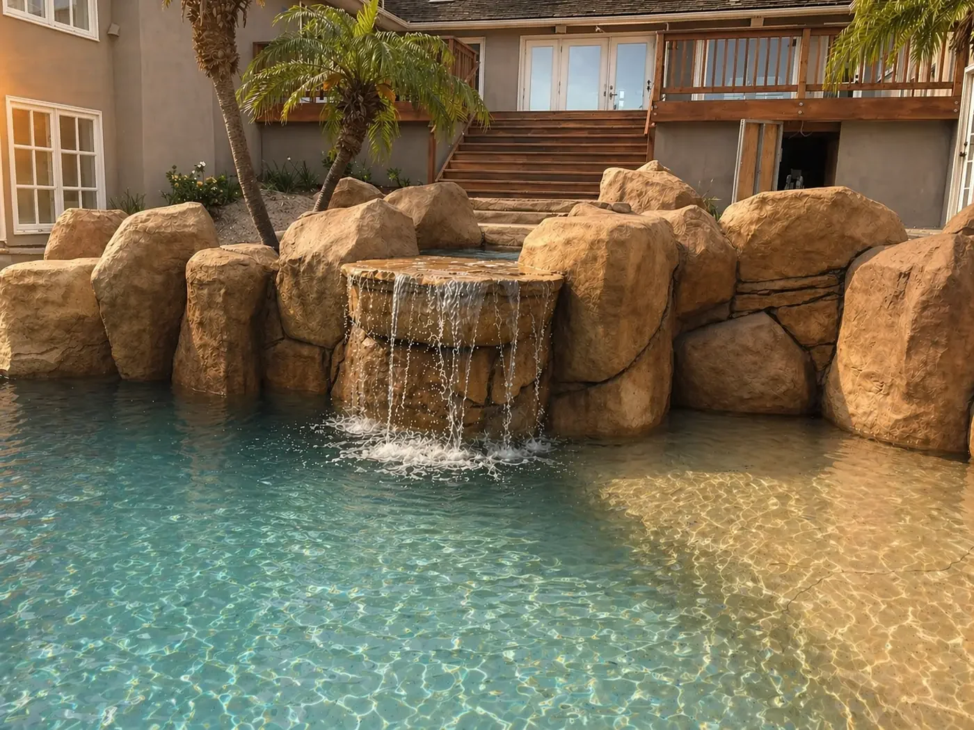 Backyard pool with rocks and a waterfall feature, with a wooden deck and palm trees in the background.