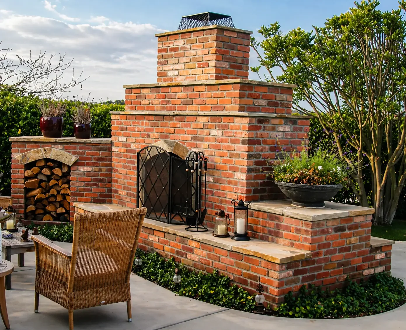 Outdoor brick fireplace with stacked firewood, potted plants, lanterns, and seating area on a patio, surrounded by greenery.