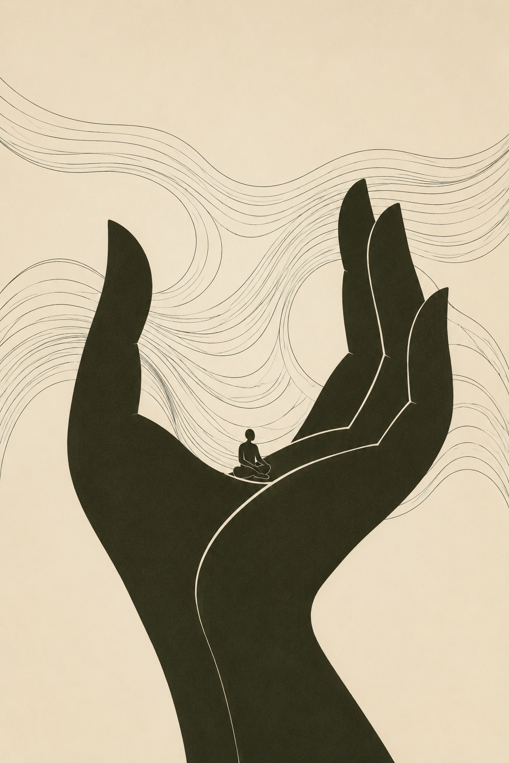 Silhouette of a hand holding a person practicing yoga in a meditative pose, with flowing lines representing calm and tranquility.