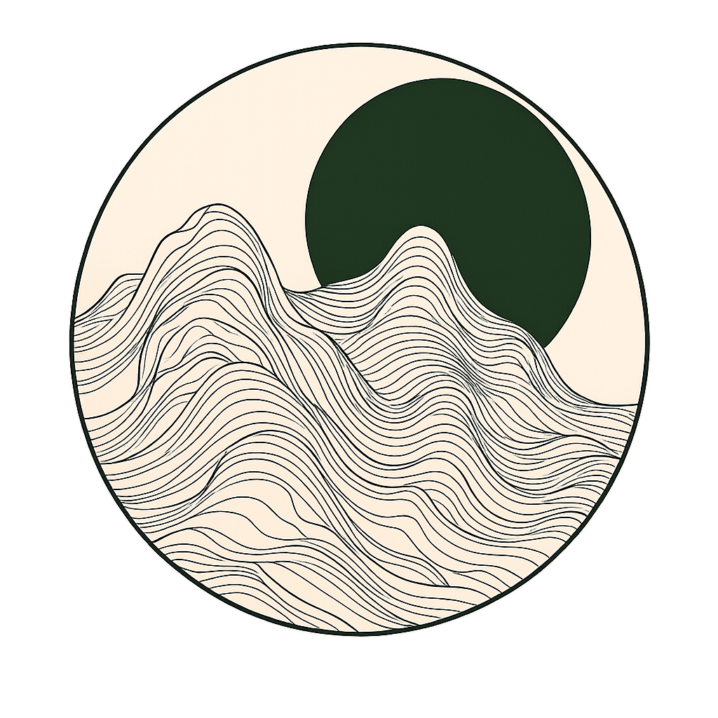 Minimalist black and white mountain landscape with a dark green sun or moon in the sky.