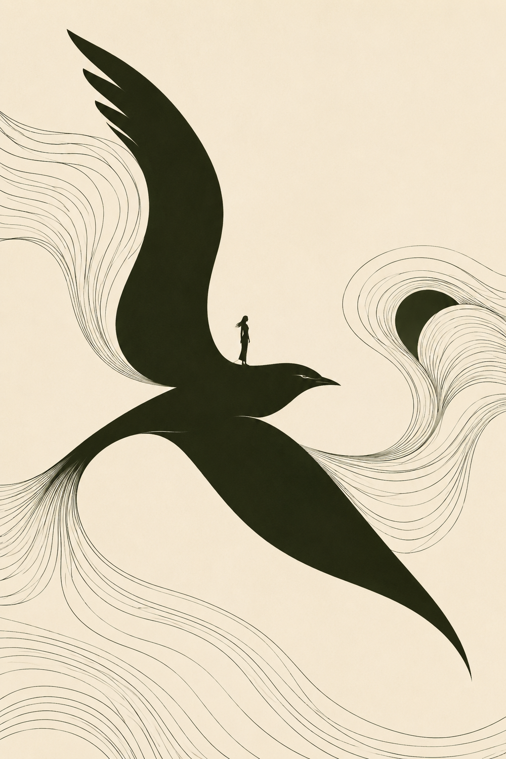 A surreal illustration of a large black bird with a small human silhouette standing on its back. The bird's wings have flowing, swirling lines extending from them, creating a dynamic, abstract background.