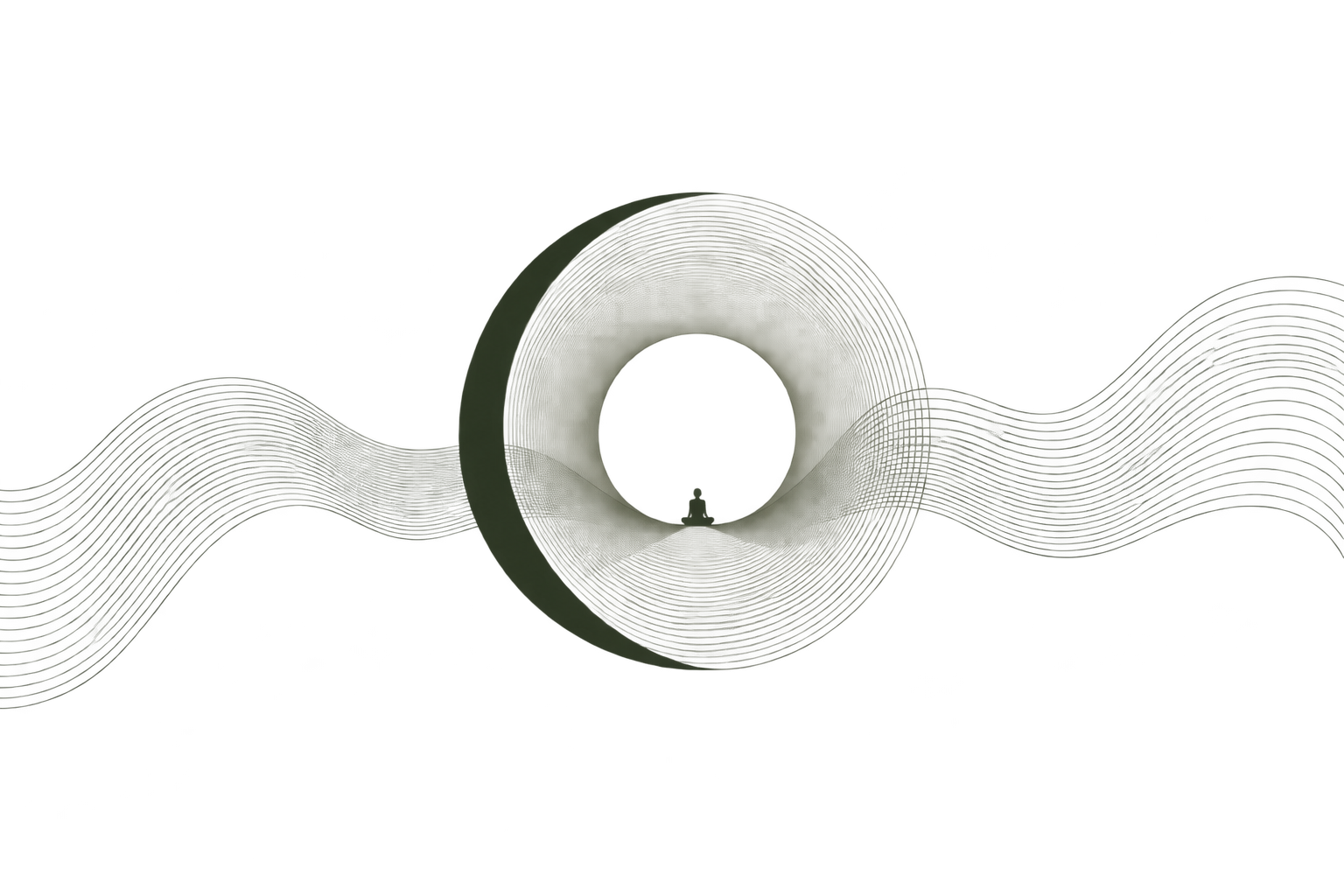 Silhouette of a person sitting on a small boat in a large body of water with a large, circular concrete pipe structure in the background.