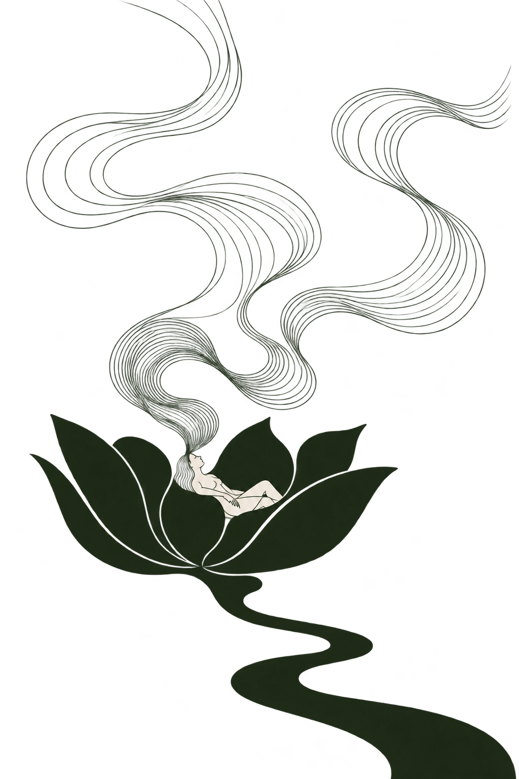 A stylized illustration of a woman with long flowing hair reclining with her eyes closed, emitting swirling smoke or vapor that rises upward in a dark, moody background.