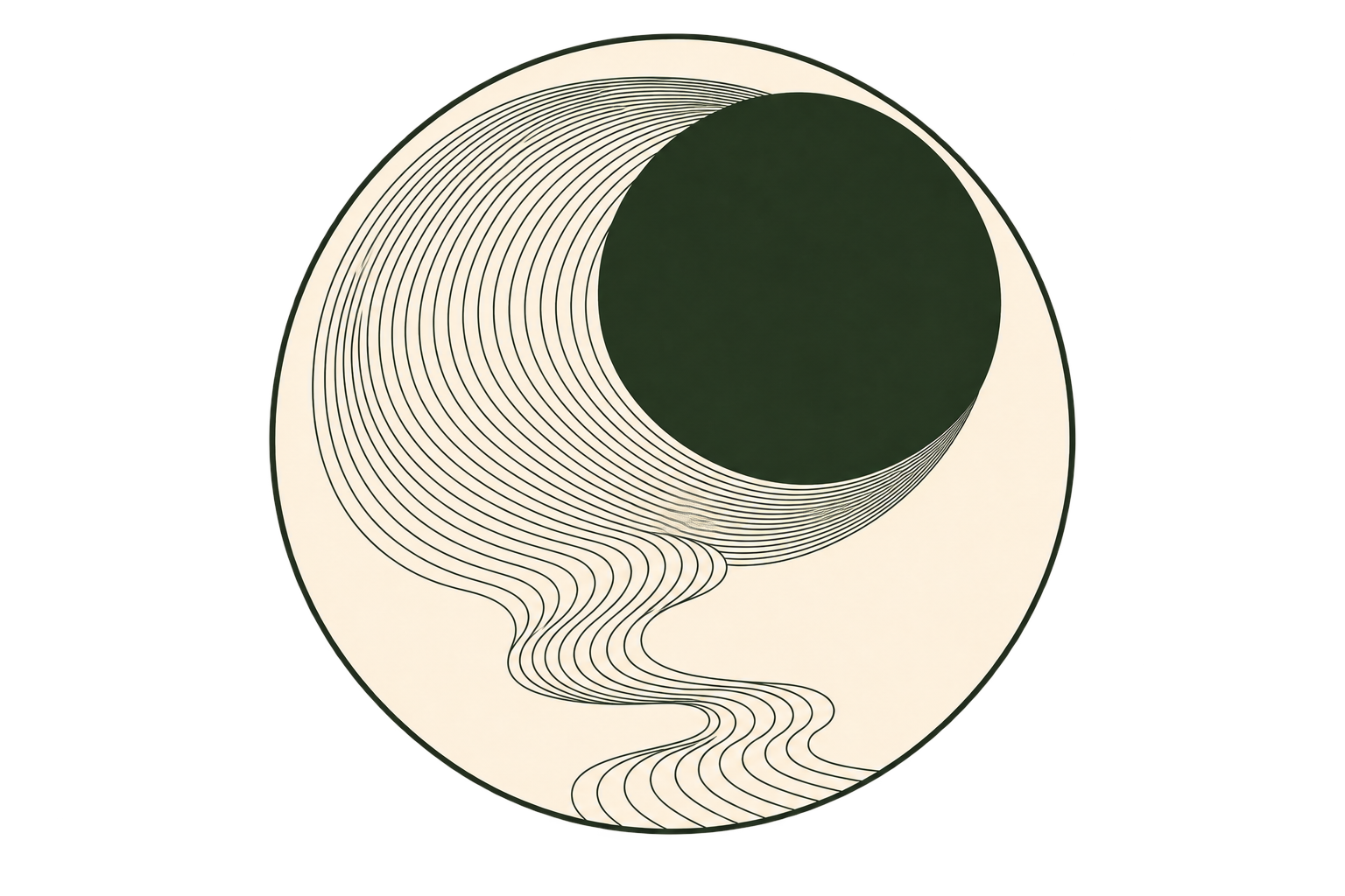 Abstract black and white circular design with flowing lines and a dark green circular shape in the center.