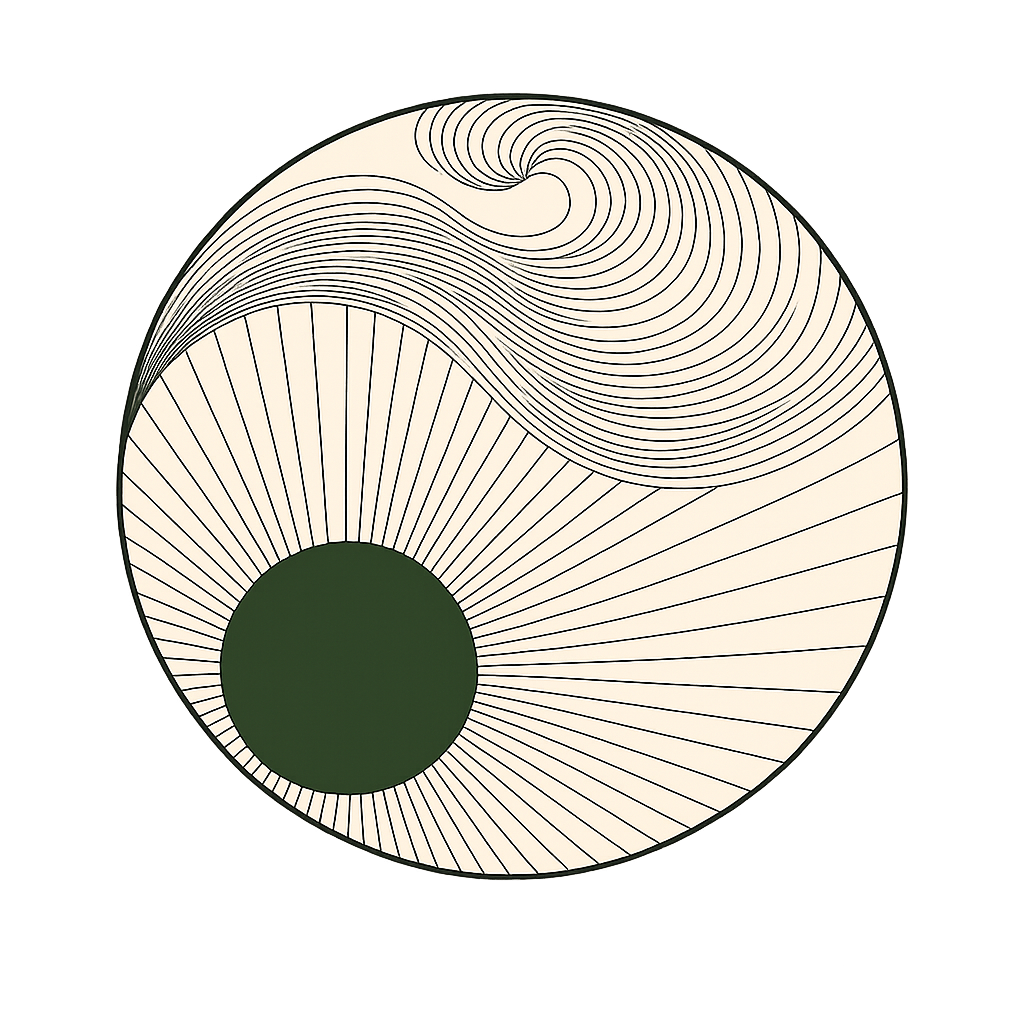 Abstract circular design with black, white, and dark green colors, featuring spiral and radial line patterns.