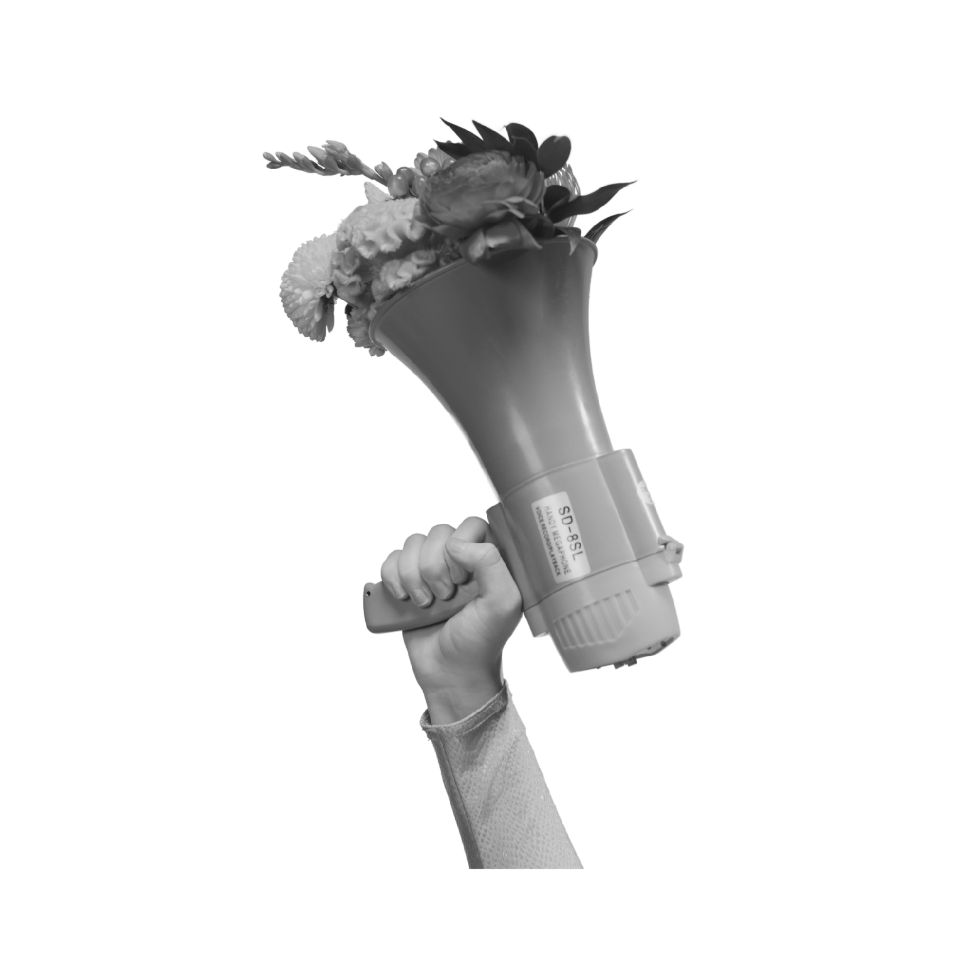 A hand holding a leaf blower that is blowing a bouquet of flowers upward.