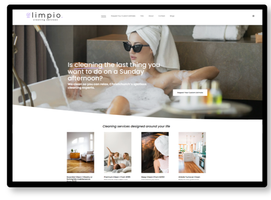 Website homepage for Limpio Cleaning Services showing a woman with a towel turban and sunglasses relaxing in a bubble bath, with a call-to-action button to request a custom estimate and images of various cleaning services.
