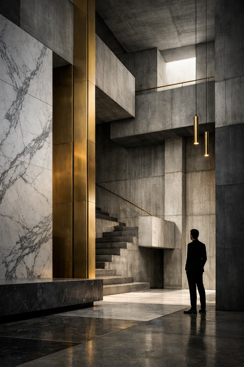 A man in a black suit standing in a modern, minimalist concrete lobby with marble accents and gold lighting fixtures.