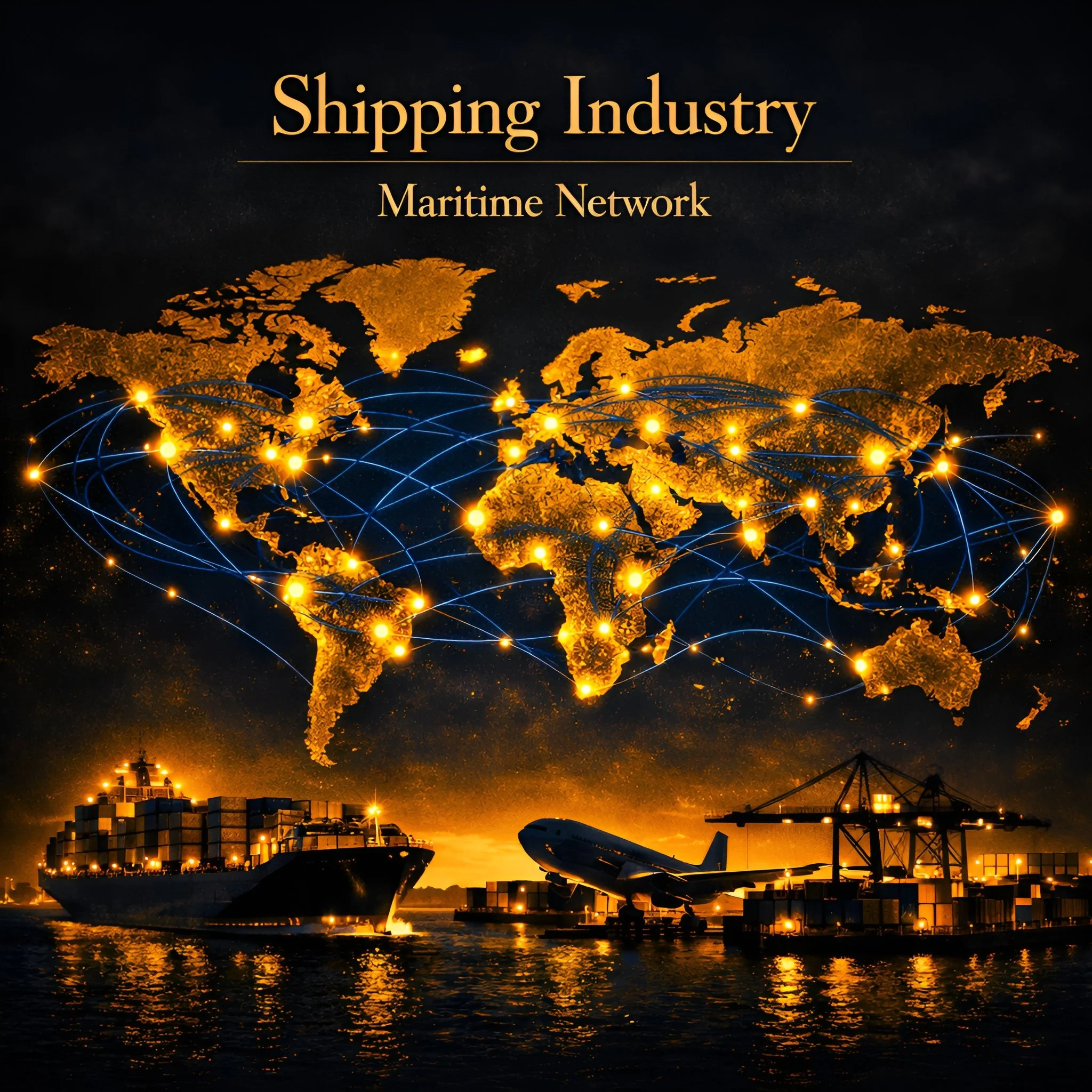 A night scene showing a large cargo ship in water, with cargo containers stacked on it and a sailboat nearby. The sky is dark, and there are illuminated lines connecting different points across the globe, symbolizing worldwide shipping and maritime networks.