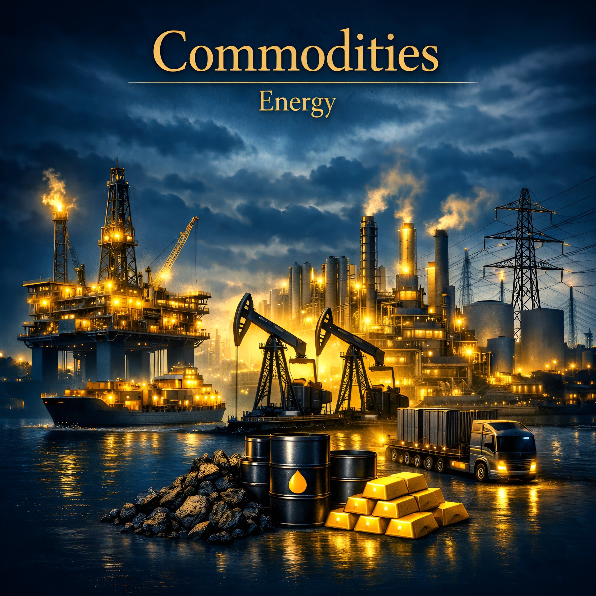 Industrial oil refinery with smokestacks emitting smoke, oil barrels, and gold bars near water.