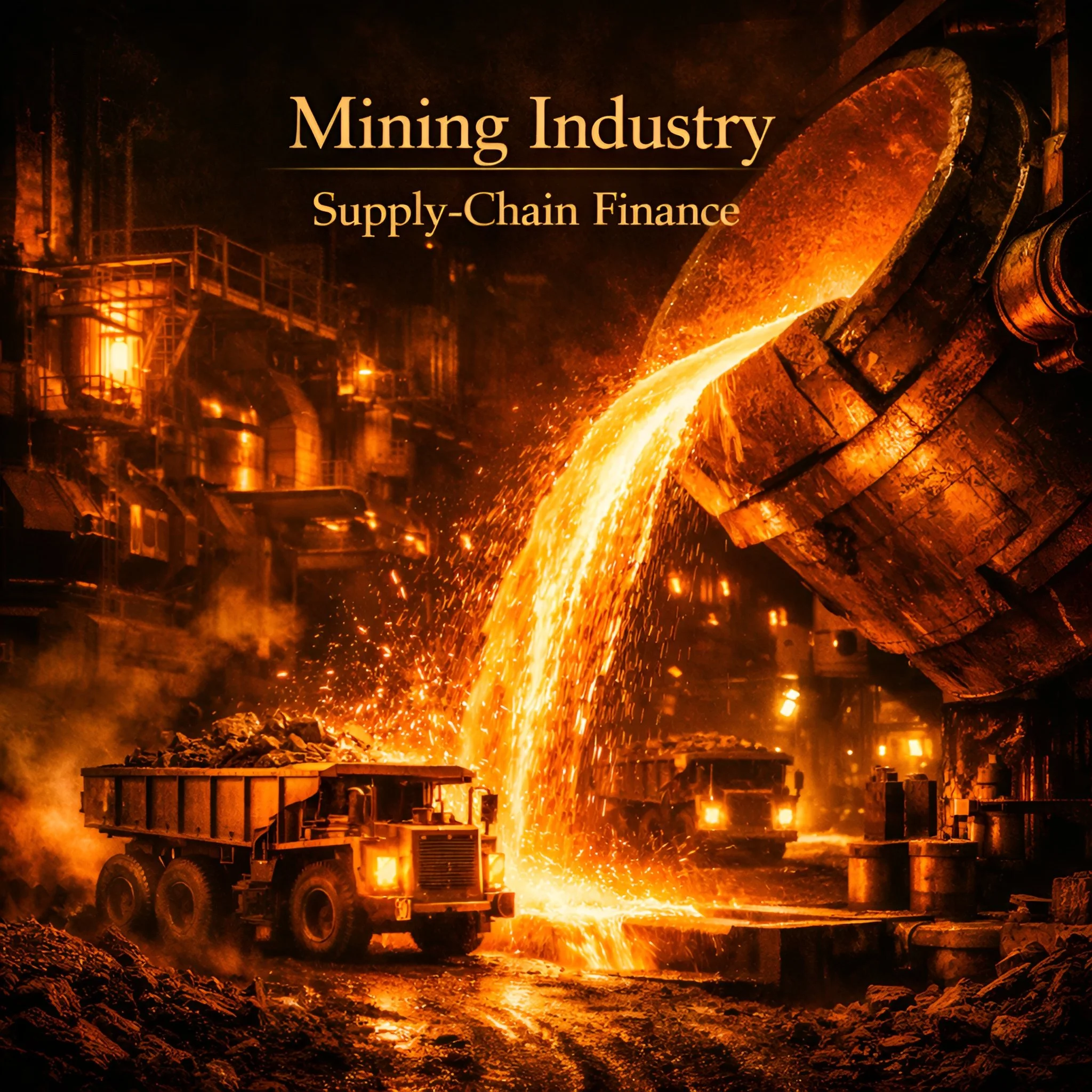 Industrial scene of molten metal pouring from a blast furnace into a container with fire and sparks, with industrial structures in the background.