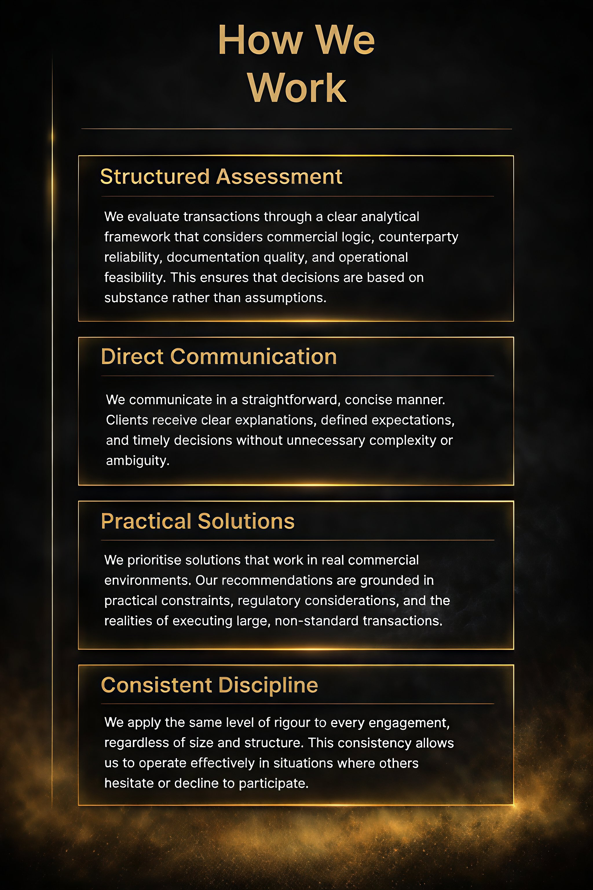 Presentation slide with gold text on a dark background titled 'How We Work' and sections titled 'Structured Assessment,' 'Direct Communication,' 'Practical Solutions,' and 'Consistent Discipline.' Each section contains descriptive text about evaluation, communication, solutions, and discipline practices.