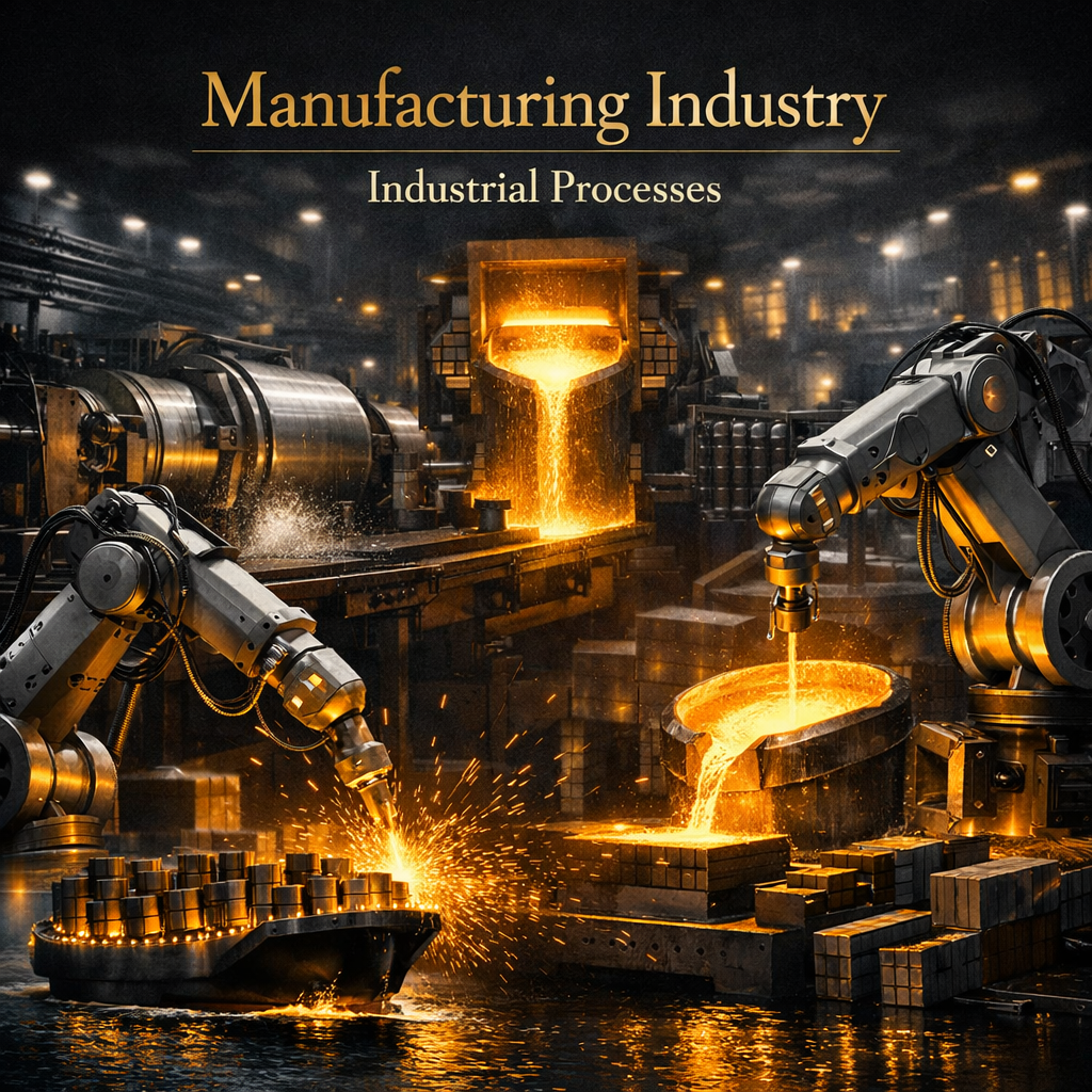 Industrial manufacturing scene with robotic arms pouring molten metal into molds in a factory.