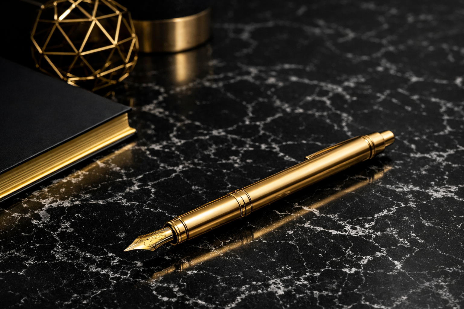 Gold fountain pen lying on a black marble surface with a closed black notebook and decorative gold objects nearby.