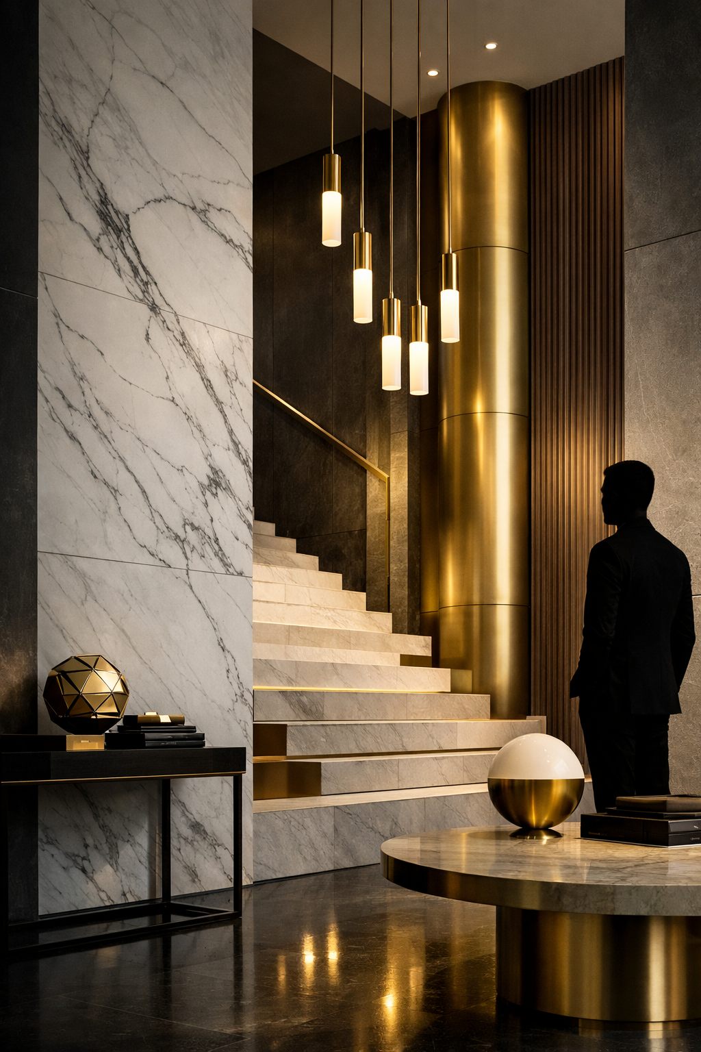 Modern interior with marble staircase and gold accents, small table with geometric decor, and a man in a suit standing near the staircase.