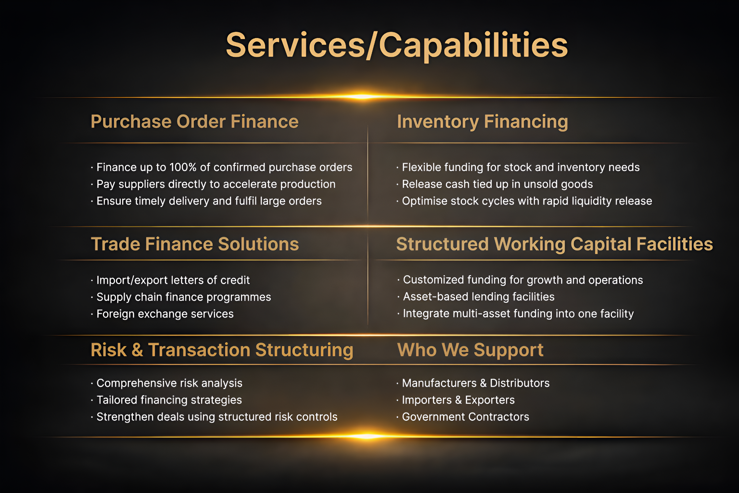 Details of business services and capabilities including purchase order finance, inventory finance, trade finance solutions, structured working capital facilities, risk and transaction structuring, and who they support.