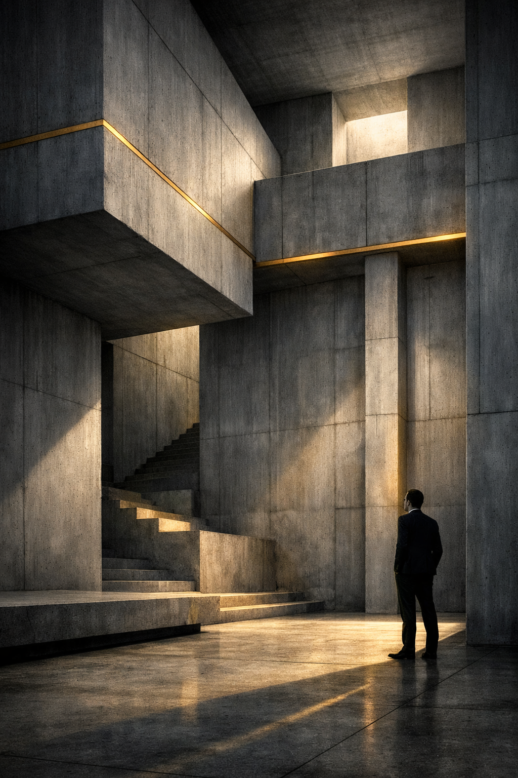 A man in a dark suit standing in a modern concrete building with geometric architectural design and stairs.