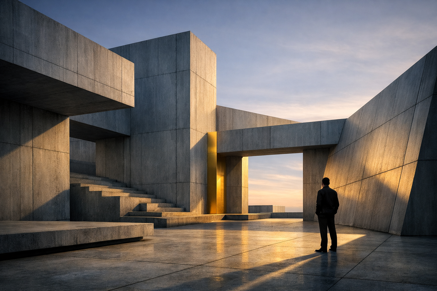 A man stands alone in a modern concrete architectural structure at sunset.