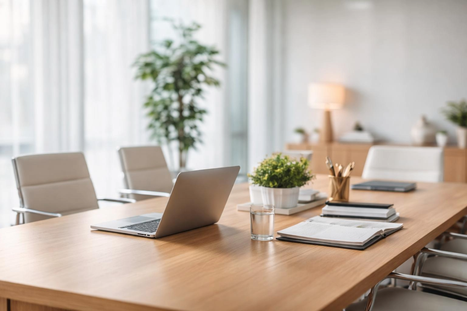 Bright modern office conference room with laptop, open notebook, glass of water, potted plant, and chairs around a wooden table