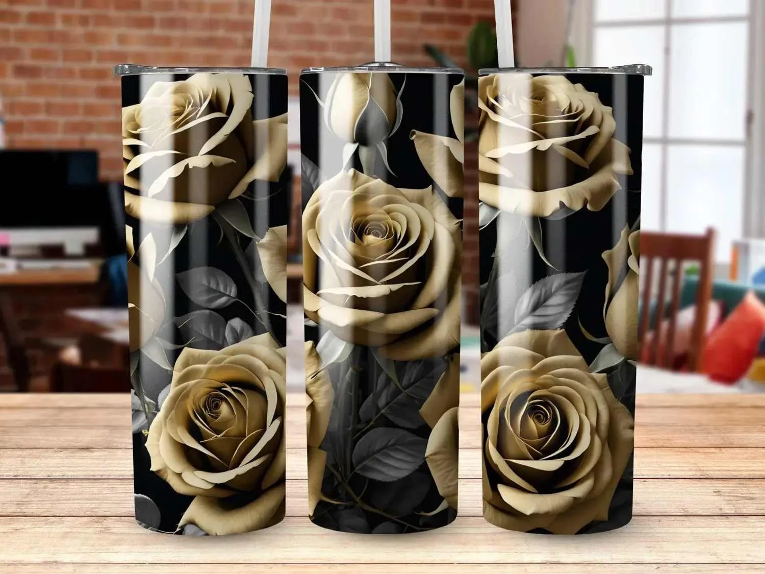 Tumbler Gold and Black Rose 20oz Skinny