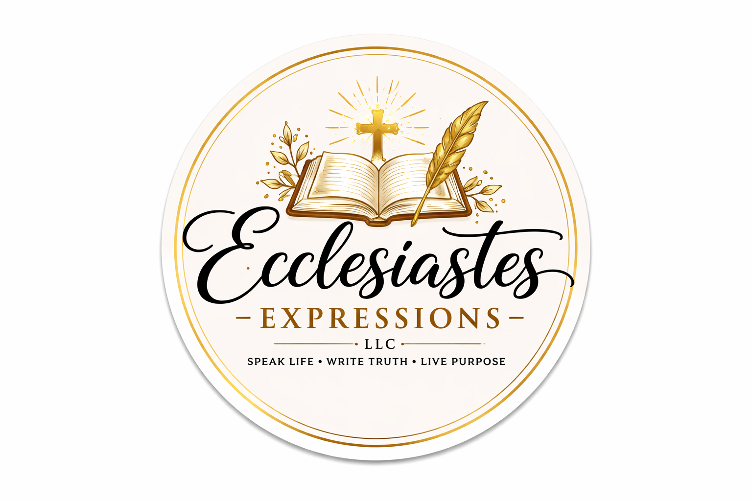 Logo for Ecclesiastes Expressions LLC featuring an open Bible with a gold cross, a quill, and decorative leaves, with the tagline 'Speak Life, Write Truth, Live Purpose'.