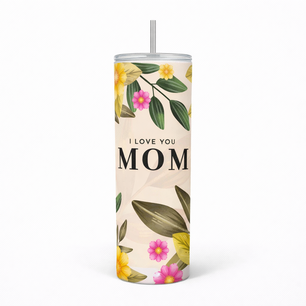 I Love You Mom” Floral Tumbler (20 oz Skinny)