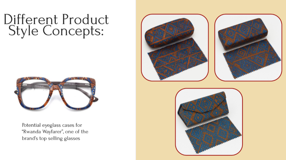 Display of three different eyeglass cases with geometric pattern designs, alongside a pair of glasses with a matching patterned frame, illustrating different product style concepts for eyewear accessories.