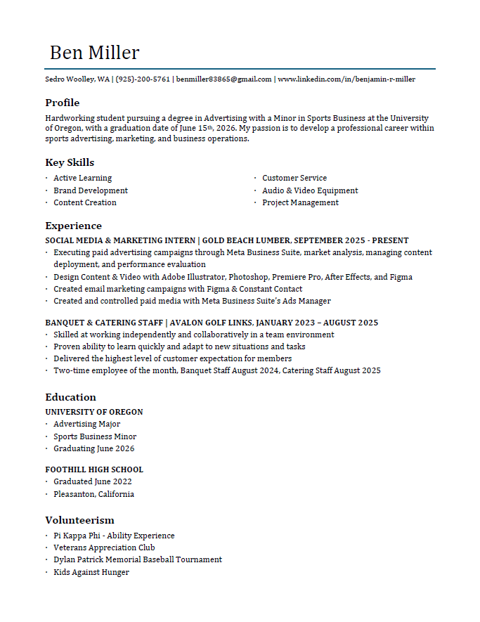 Screenshot of a resume for Ben Miller, including contact information, profile summary, key skills, experience, education, and volunteer activities.